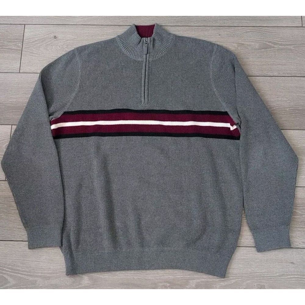 Eddie Bauer Sweater Mens Tall Large Gray Striped Pullover Quarter Zip Cotton